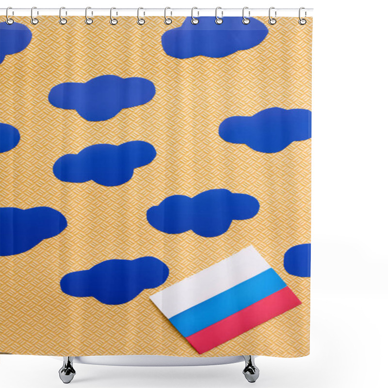 Personality  Top View Of Russian Flag And Paper Clouds On Textured Yellow Background, War In Ukraine Concept  Shower Curtains