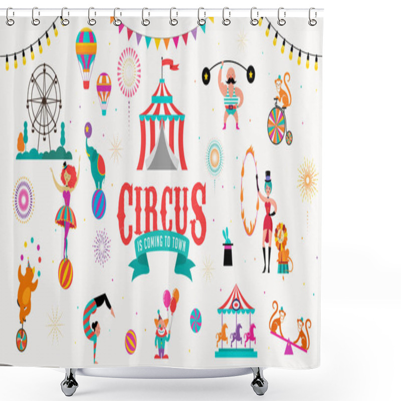 Personality  Circus Banner And Background With Tent, Monkey, Air Balloons, Gymnastics, Elephant On Ball, Lion, Jugger And Clown. Vector Illustration Shower Curtains