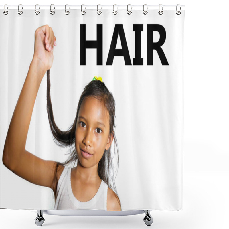 Personality  English Learning Body And Face Parts School Card With Beautiful And Happy  Asian Child Pulling Her Hair Smiling Cheerful Making Fun Isolated On White Background Shower Curtains