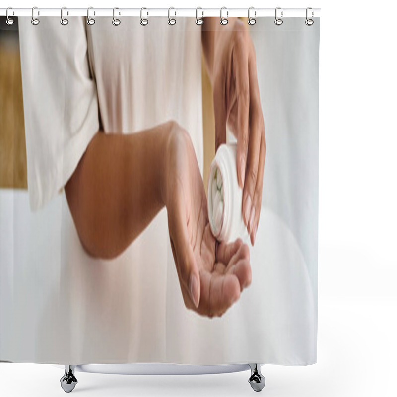 Personality  Cropped African American Dietitian Pouring Pills Into Hand Palm From Medication Bottle, Banner Shower Curtains