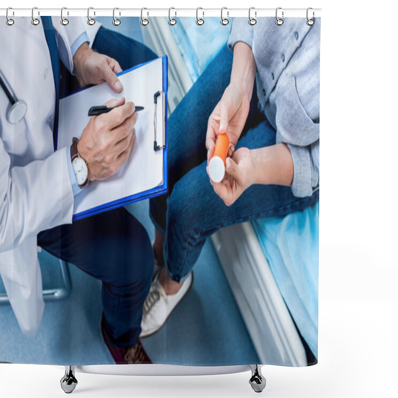 Personality  Cropped Image Of Mature Male Doctor Writing In Clipboard Near Female Patient  With Pills In Hospital Room Shower Curtains