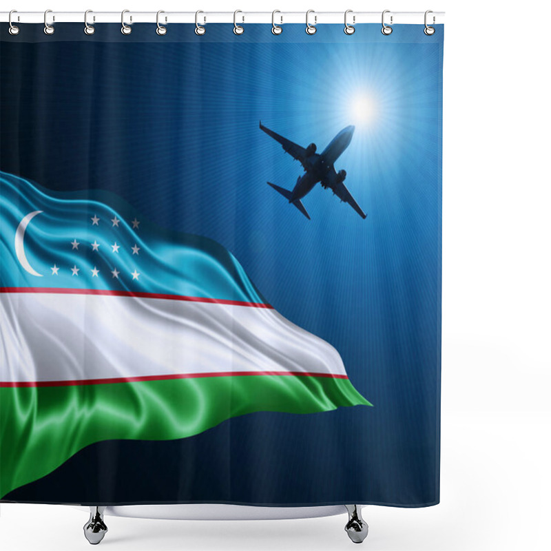 Personality  Uzbekistan Flag Of Silk At Night With An Airplane On The Sky Background. 3D Illustration Shower Curtains