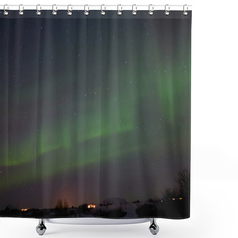 Personality  Beautiful Night View Of Houses Under Sky With Majestic Northern Lights In Iceland   Shower Curtains