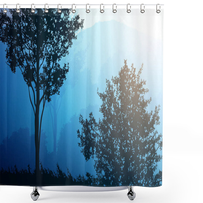 Personality  Natural Forest Mountains Horizon Hills Silhouettes Of Trees Evening Sunrise And Sunset Landscape Wallpaper Illustration Vector Style Colorful View Background Shower Curtains