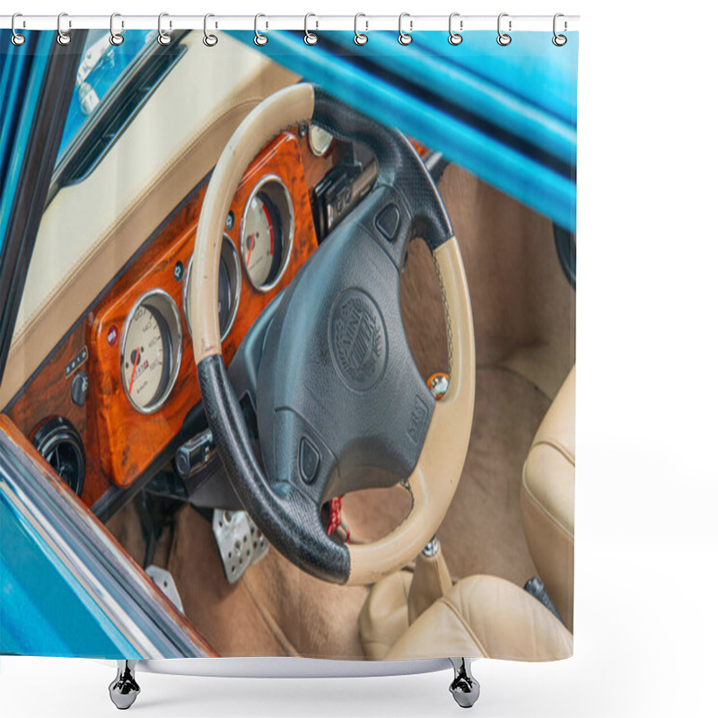 Personality  The Image Showcases A Classic Cars Drivers Side Interior, With A Prominent Steering Wheel Featuring Multiple Dials And Gauges, Including Speed, Fuel Kyiv, Ukraine 06-06-2024 Shower Curtains