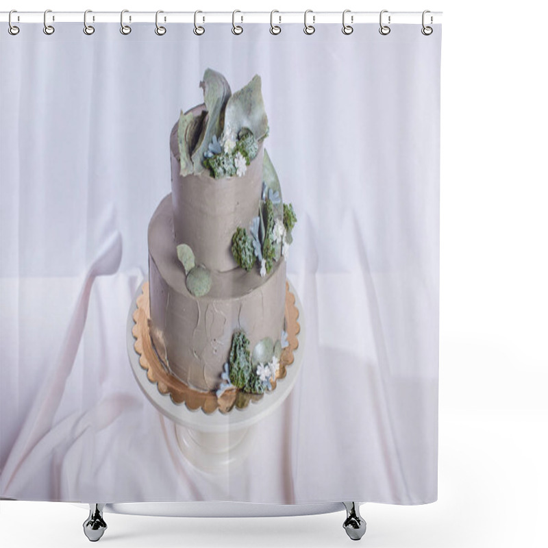 Personality  Wedding Cake Decorated With Stone And Moss And Forest Flowers Shower Curtains