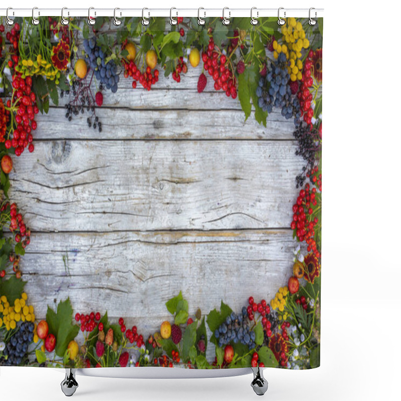 Personality  Autumn Leaves And Fruit On Wooden Background. Frame With Space For Text. Shower Curtains