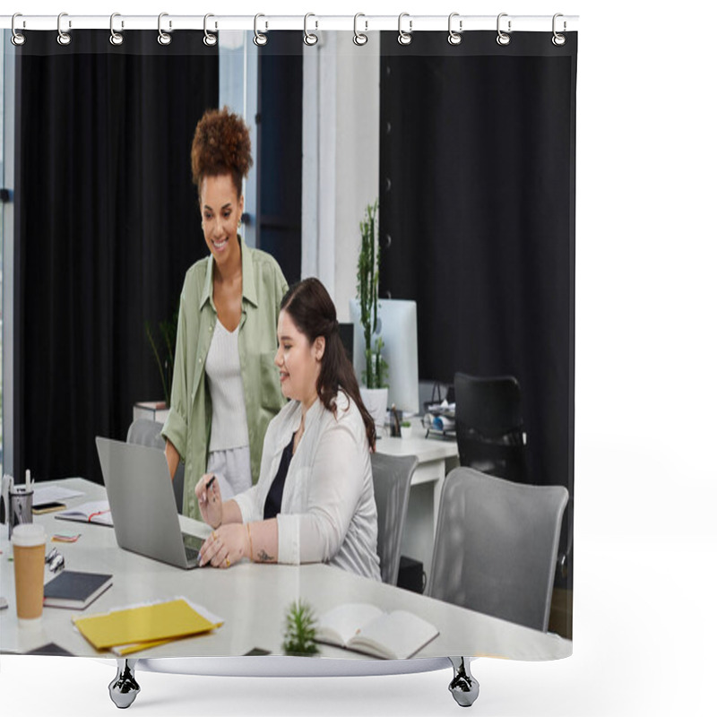 Personality  Two Professional Women Engage In A Collaborative Discussion Over A Laptop In An Office Setting. Shower Curtains