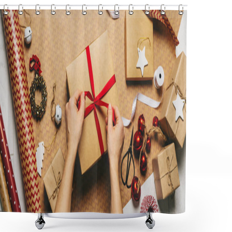 Personality  Close View Of Woman Wrapping Gift Box With Packing Tape, Rope And Decorations Props On Wrapping Paper Shower Curtains