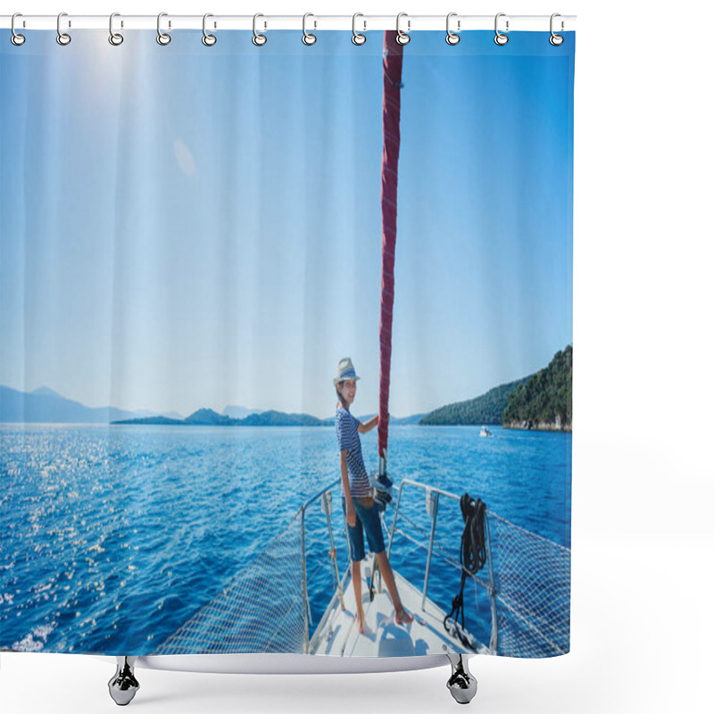 Personality  Little Boy On Board Of Sailing Yacht On Summer Cruise. Travel Adventure, Yachting With Child On Family Vacation. Shower Curtains