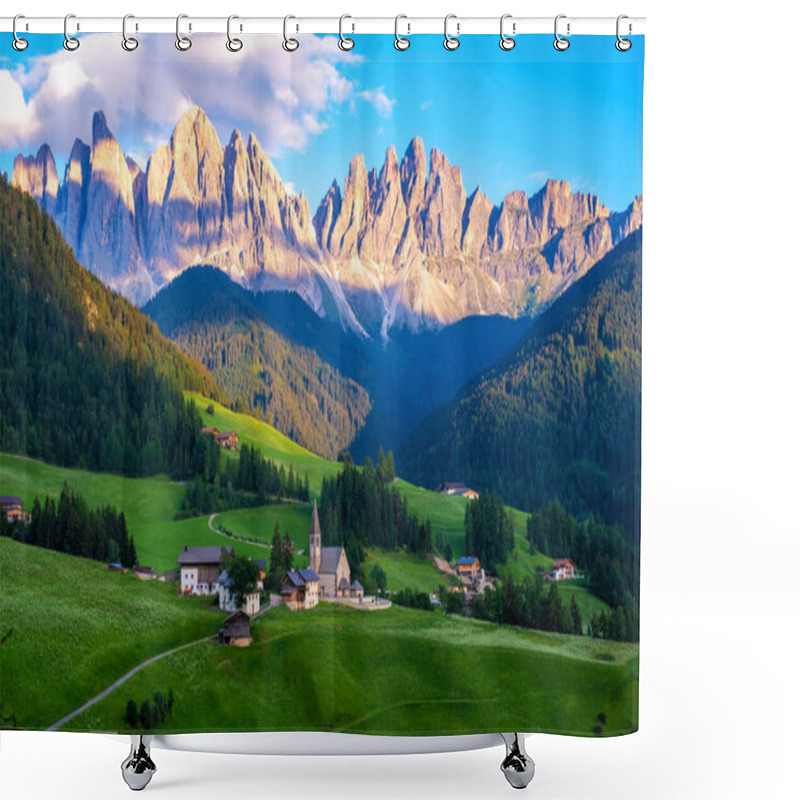 Personality  Santa Magdalena Village In Val Di Funes On The Italian Dolomites. Autumnal View Of The Valley With Colorful Trees And Odle Mountain Group On The Background. Italy Shower Curtains