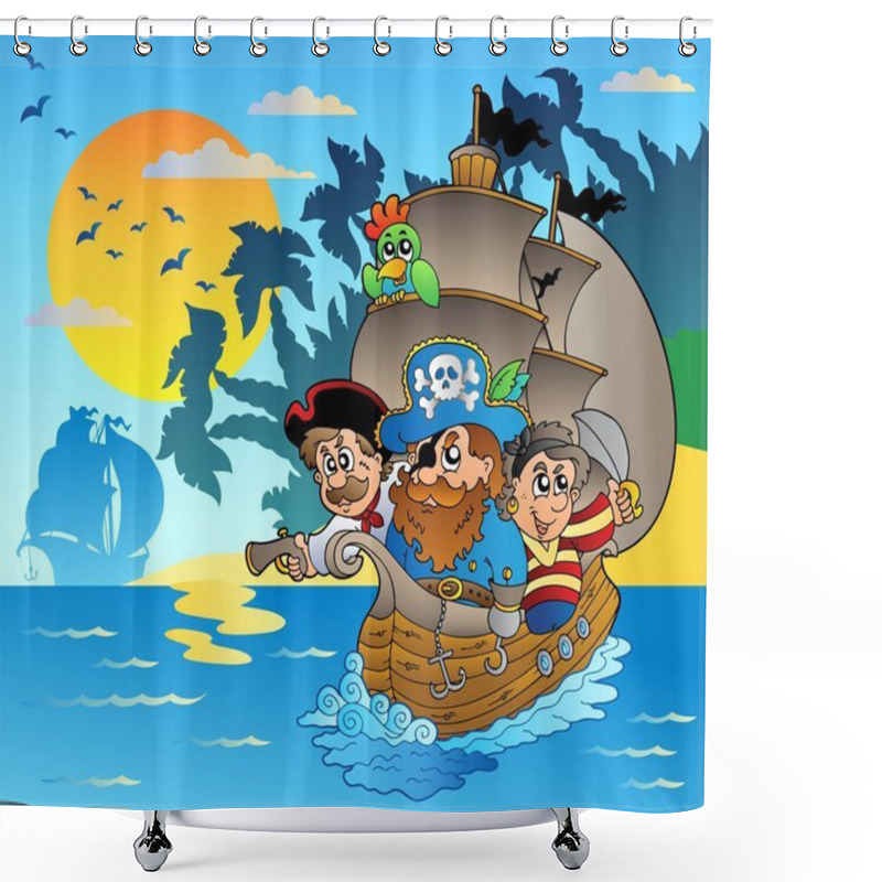 Personality  Three Pirates In Boat Near Island Shower Curtains