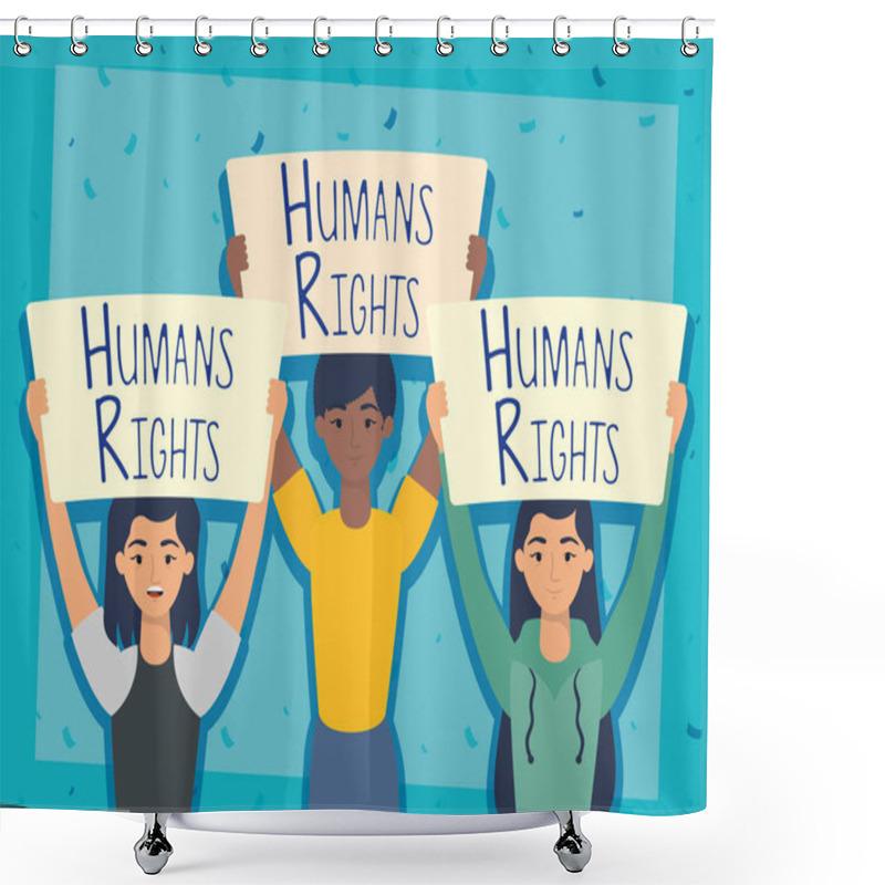 Personality  Young Interracial People With Human Rights Label Shower Curtains