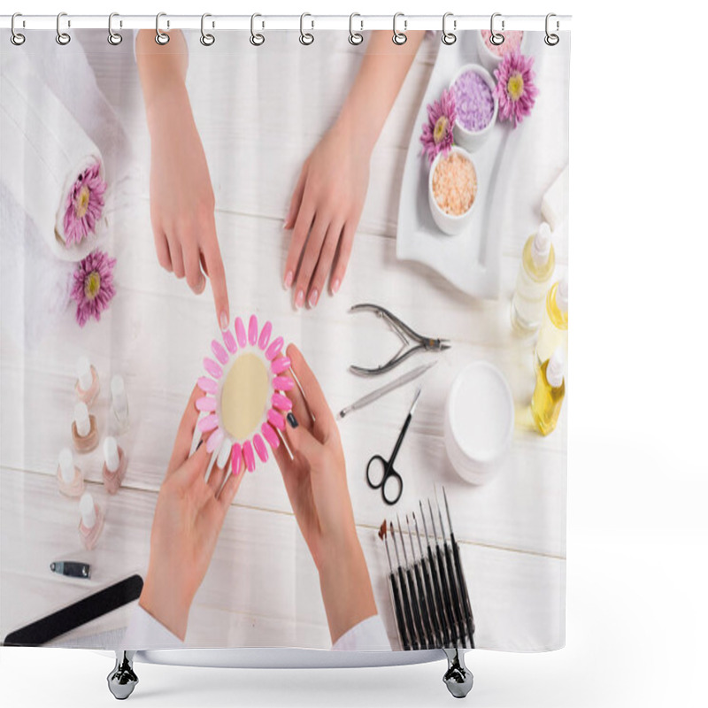 Personality  Top View Of Woman Pointing On Samples Of Nail Varnishes In Hands Of Manicurist At Table With Nail Polishes, Nail Files, Nail Clippers, Cuticle Pusher, Sea Salt, Flowers, Aroma Oil Bottles And Samples Of Nail Varnishes Shower Curtains