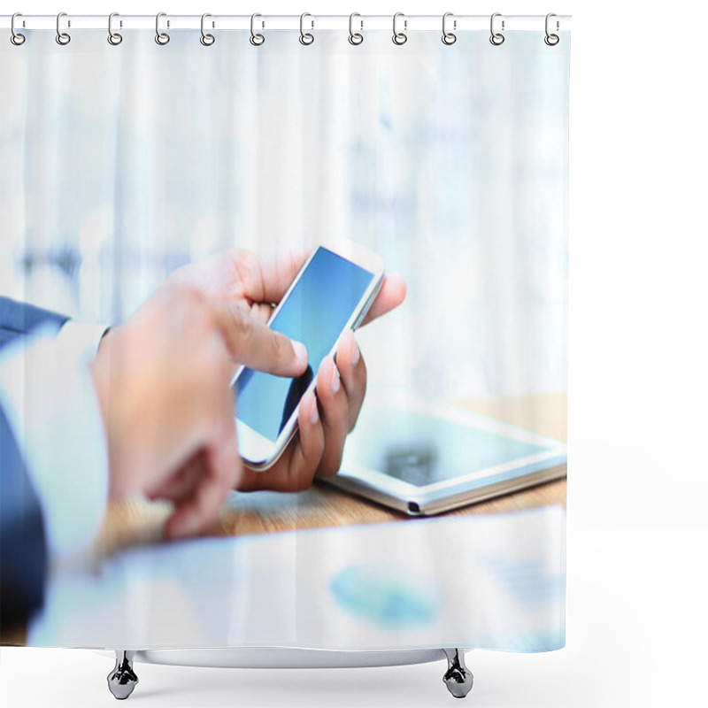 Personality  Young Businessman Working With Modern Devices, Digital Tablet Computer And Mobile Phone. Shower Curtains