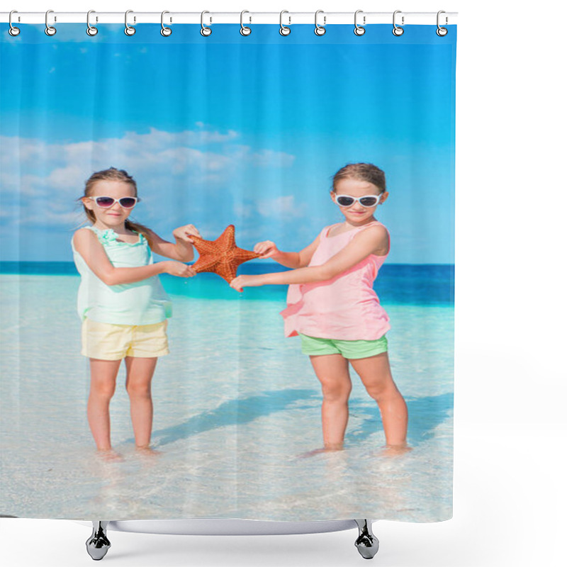 Personality  Adorable Little Girls With Starfish On White Empty Beach Shower Curtains