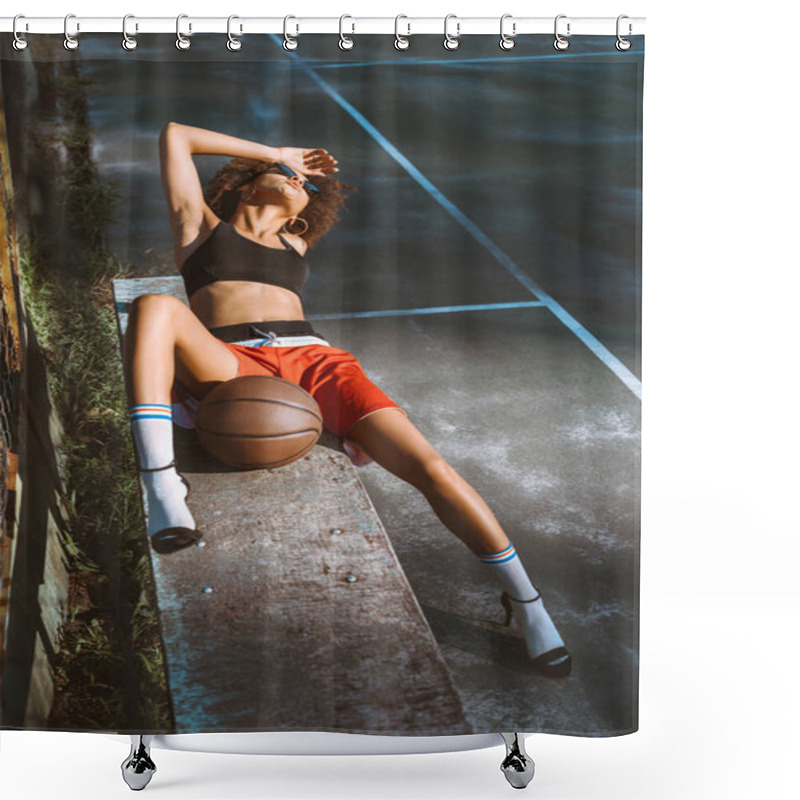 Personality  Woman In Sportswear And Heels On Bench Shower Curtains