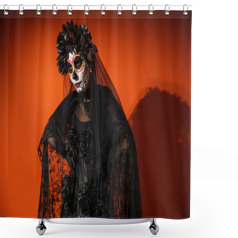 Personality  Woman In Mexican Day Of Dead Makeup And Costume With Black Lace Veil Posing On Orange Background With Dark Shadow Shower Curtains