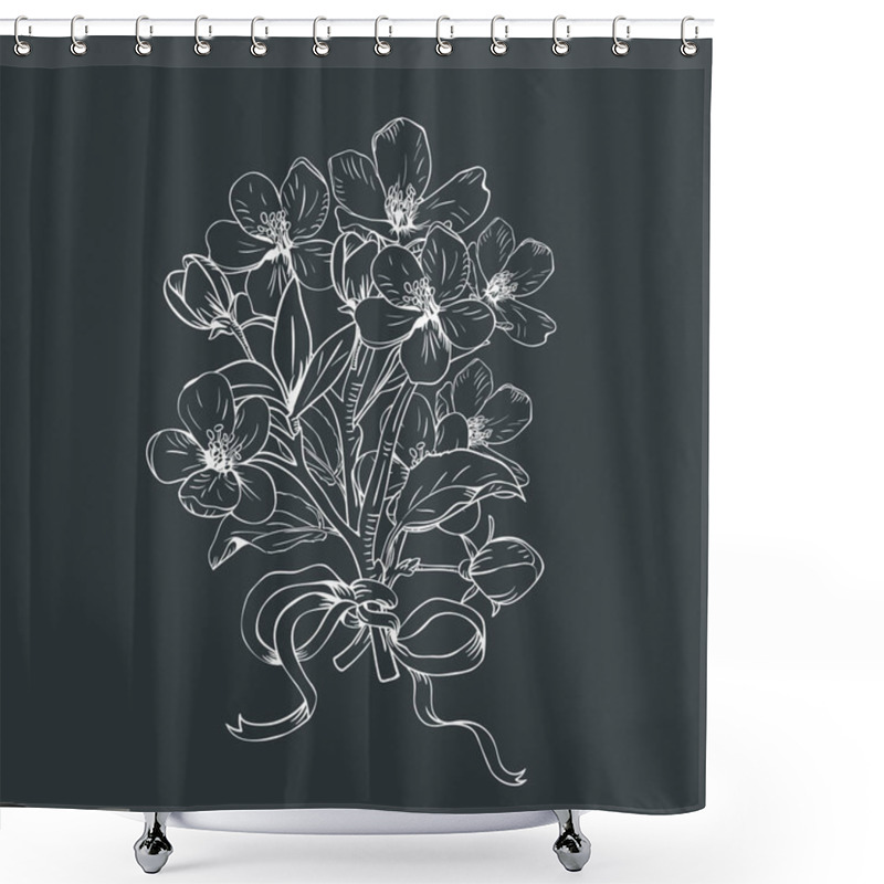 Personality  Blooming Tree. Hand Drawn Botanical Blossom Branches Bouquet On Black Background. Vector Illustration Shower Curtains