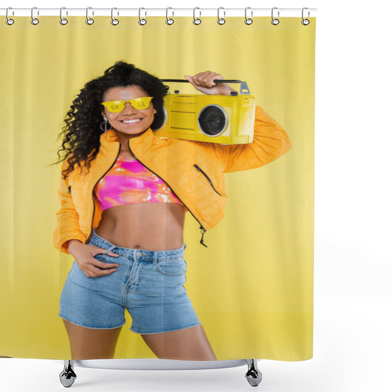 Personality  Smiling African American Young Woman In Sunglasses With Sale Lettering Holding Boombox Isolated On Yellow Shower Curtains