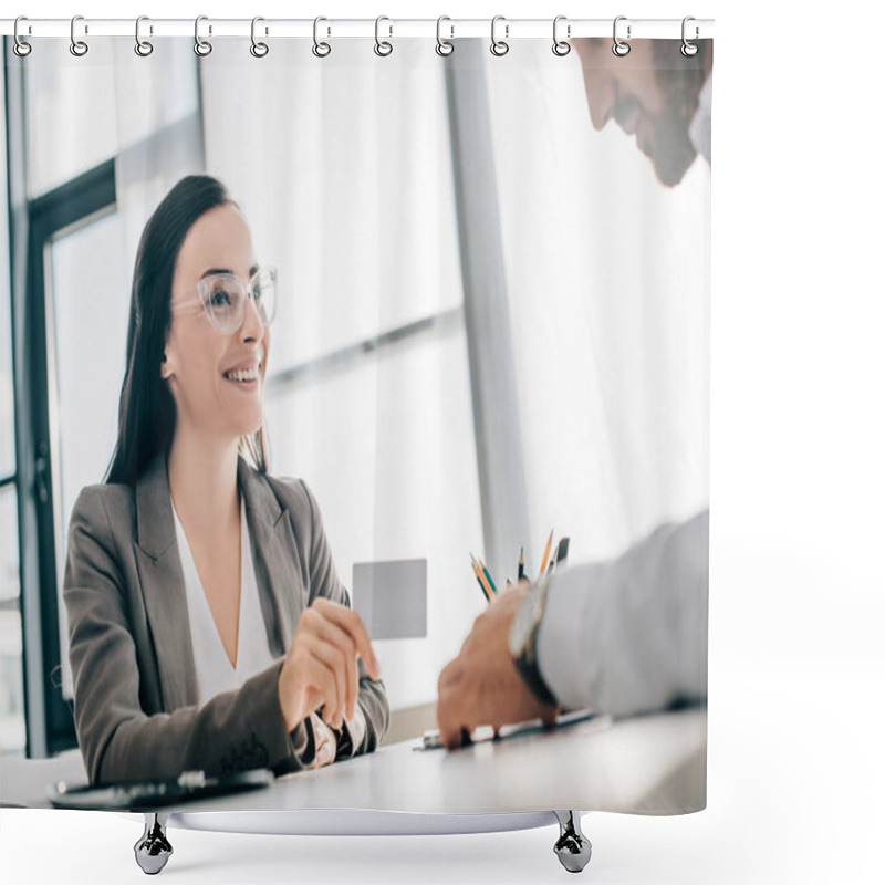 Personality  Smiling Patient Giving Id Card To Doctor To Fill Insurance Claim Form In Hospital Shower Curtains