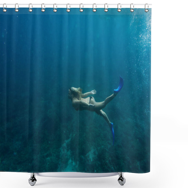 Personality  Side View Of Woman In Bikini And Flippers Diving In Ocean Alone Shower Curtains