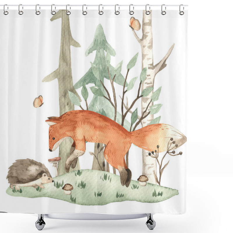 Personality  Cute Forest Animals, Fox And Hedgehog, Spruce, Trees, Mushrooms, Plants For Baby Cards, Invitations, Baby Showers, Nursery Watercolor Composition  Shower Curtains