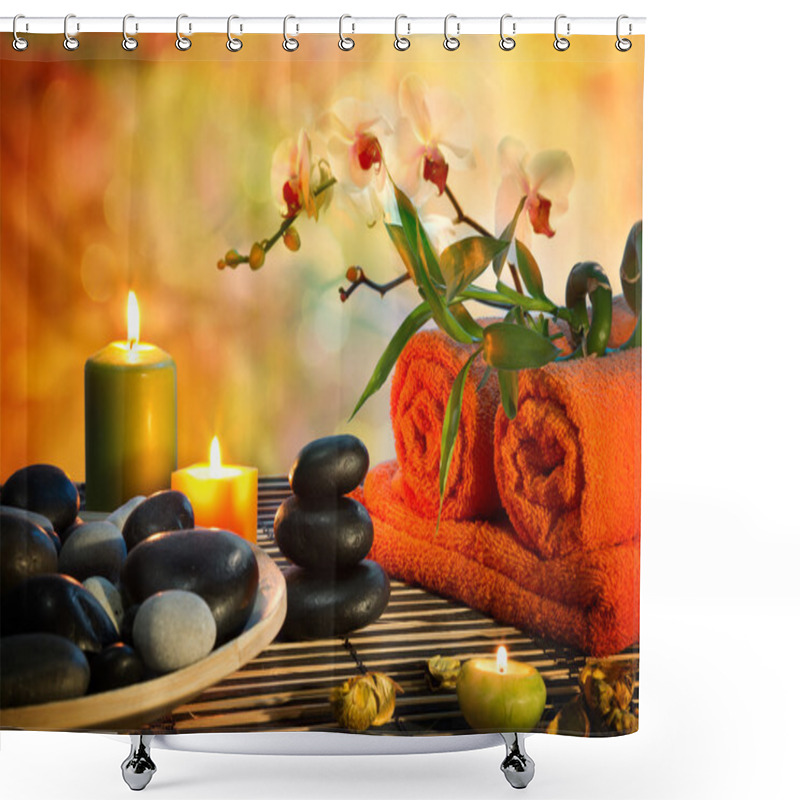 Personality  Preparation For Massage In Orange Lights And Black Stones Shower Curtains