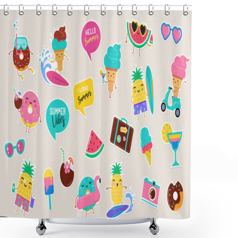 Personality  Sweet Summer - Cute Ice Cream, Watermelon And Donuts Sticker Illustrations, Vector Design Shower Curtains