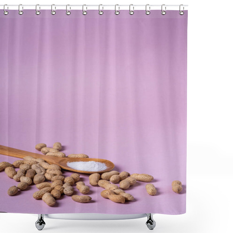 Personality  Peanuts And Wooden Spatula With Salt Minimal On Purple Background Backdrop Food Nut Texture Copy Space Angle View Shower Curtains