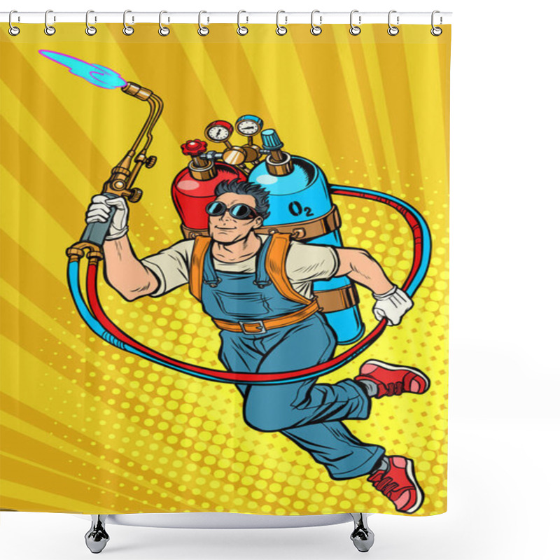 Personality  Welder Professional Worker. Superhero With Gas Cylinders Shower Curtains