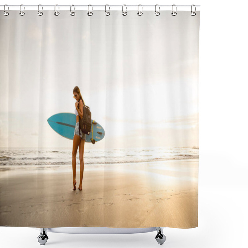 Personality  Young Surfer Woman In Sexy White Bikini With Surf Board And Travel Backpack Pose On Sunset Beach. Modern Family Lifestyle, People Water Sport Adventure Camp And Extreme Swim On Summer Vacation Shower Curtains