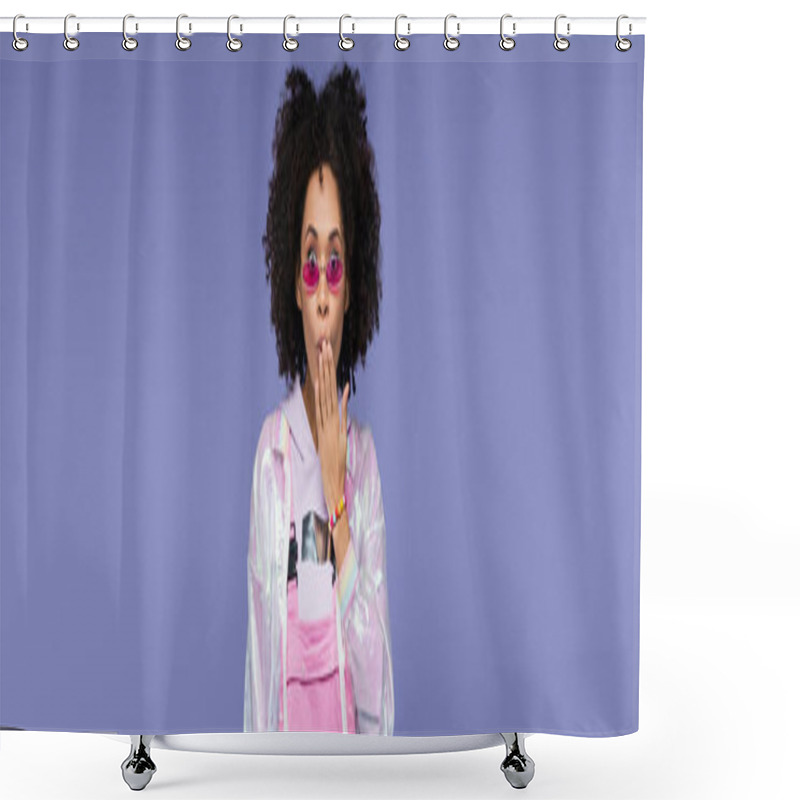 Personality  Surprised African American Woman In Stylish Sunglasses Covering Mouth Isolated On Purple, Banner Shower Curtains