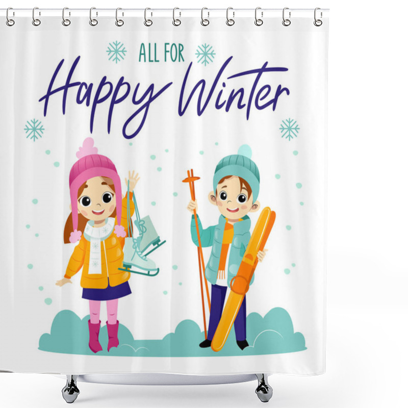 Personality  All For Happy Winter Concept. The Boy And Girl Are Skiing And Skating In Winter. Shower Curtains