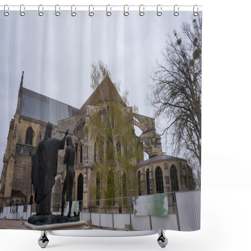 Personality  Reims, France - April 2021 - In Front Of The Apse Of The Medieval Basilica Of Saint-Remi, A 1996 Bronze Statue Commemorates The Baptism Of Clovis, King Of The Franks, By The Bishop Saint-Remi In 496 Shower Curtains