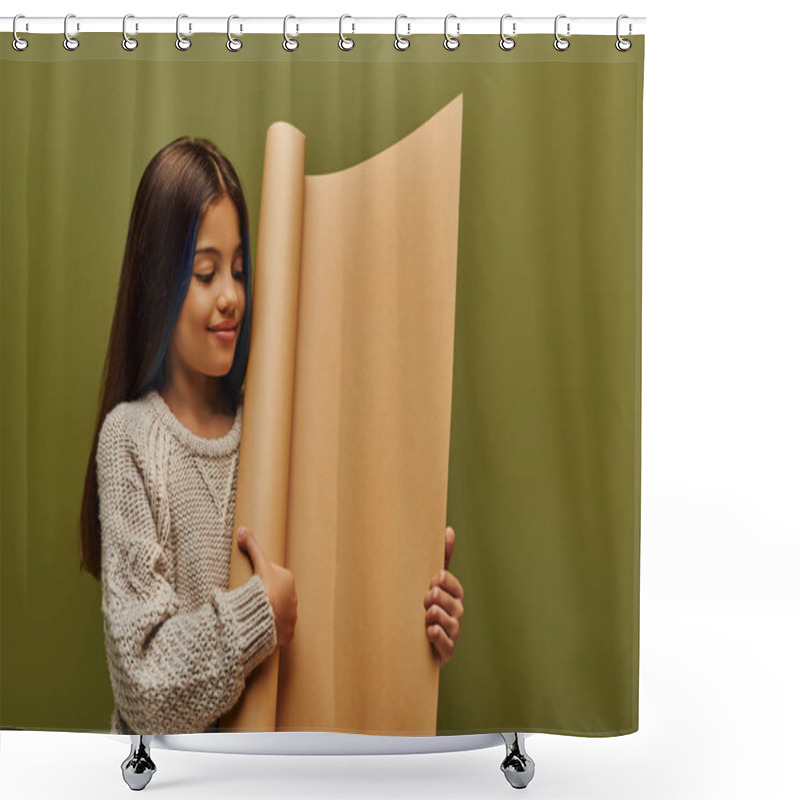 Personality  Smiling Preteen Girl With Dyed Hair And Trendy Cozy Knitted Sweater Looking At Rolled Paper While Standing And Posing Isolated On Green, Autumn Fashion For Preteens Concept Shower Curtains