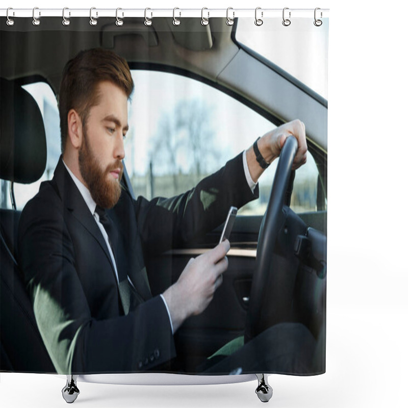 Personality  Side View Of Serious Business Man Using Phone At Wheel Shower Curtains