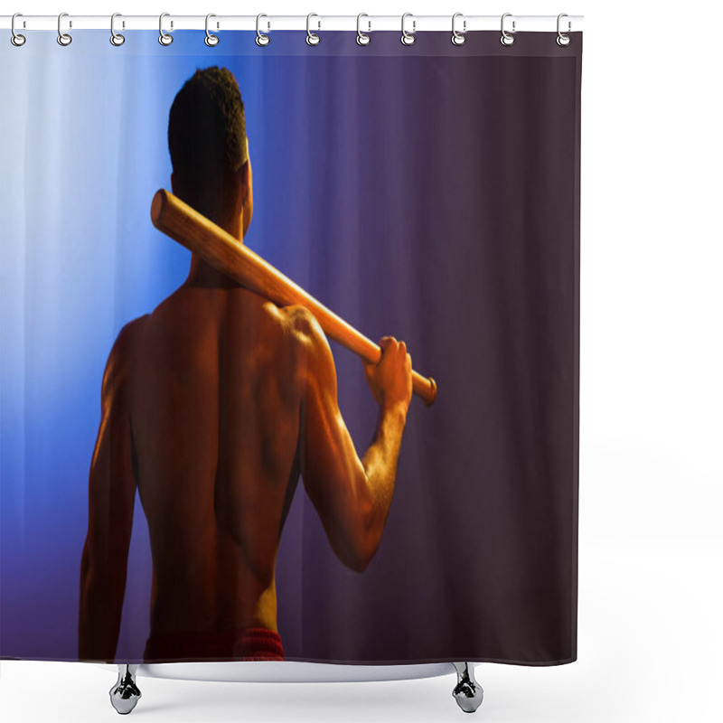 Personality  Back View Of Athletic Mixed Race Man With Baseball Bat On Blue And Dark Purple Gradient Background Shower Curtains