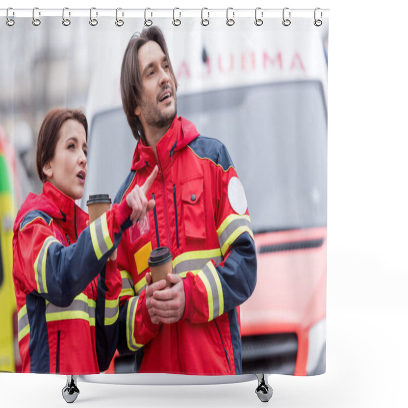 Personality  Paramedics In Red Uniform Drinking Coffee On Street Shower Curtains