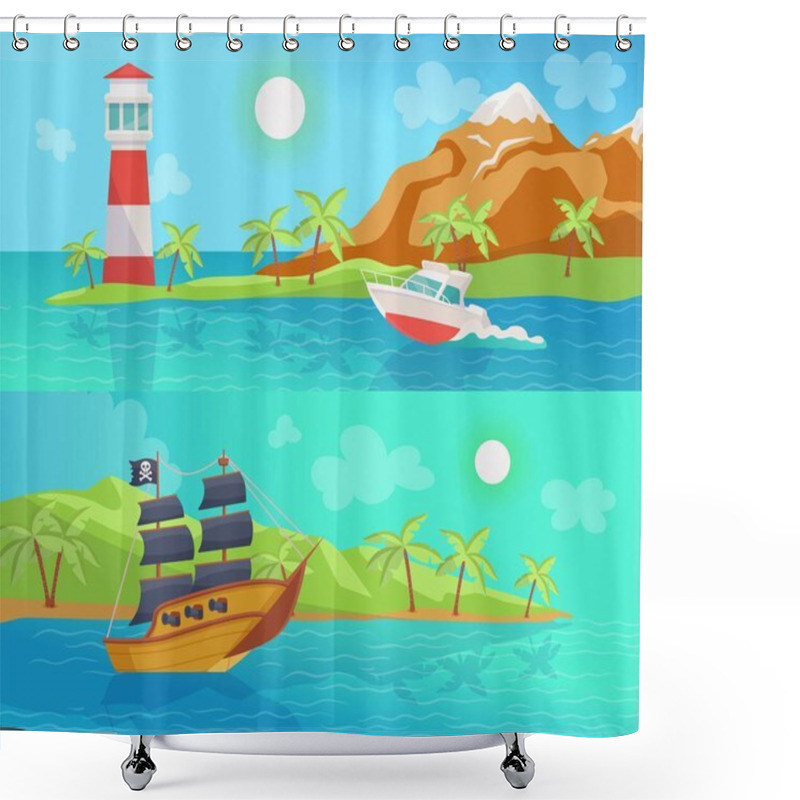 Personality  Marine Banners With Sea Boats At Summer Backgrounds, Flat Vector Illustration. Shower Curtains