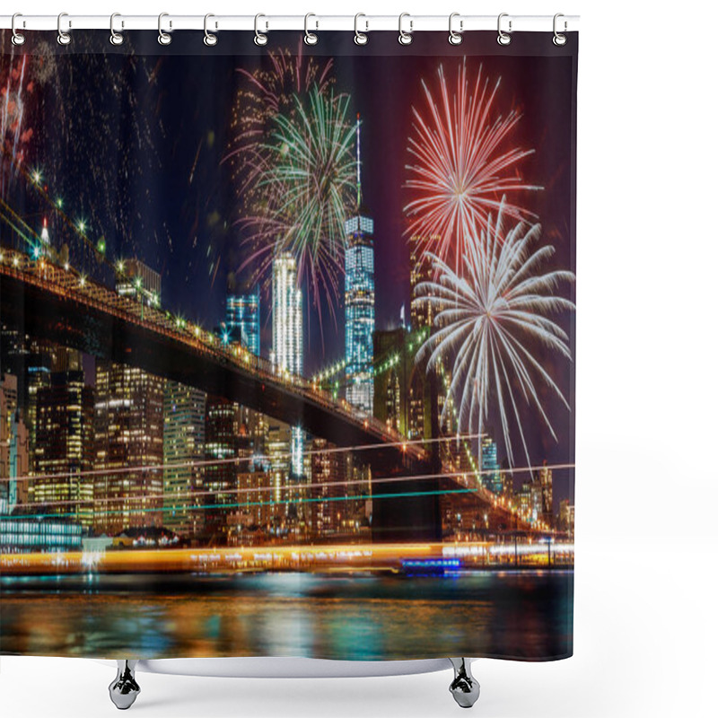 Personality  Colorful Holiday Fireworks Panoramic View New York City Manhattan Downtown Skyline At Night Shower Curtains