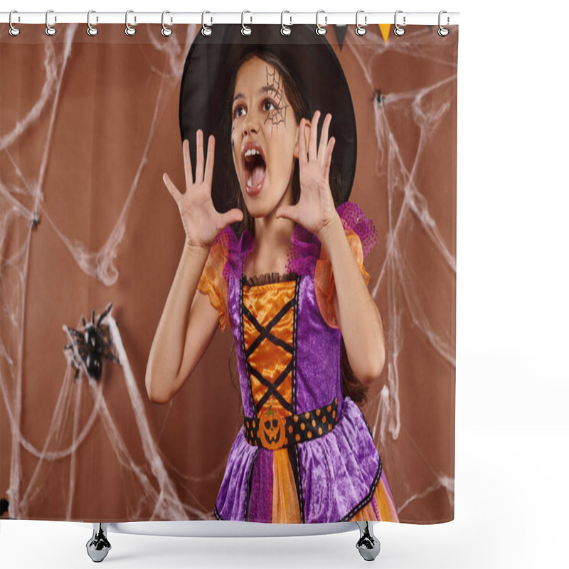 Personality  Emotional Girl In Witch Hat And Halloween Costume Screaming And Gesturing On Brown Background Shower Curtains