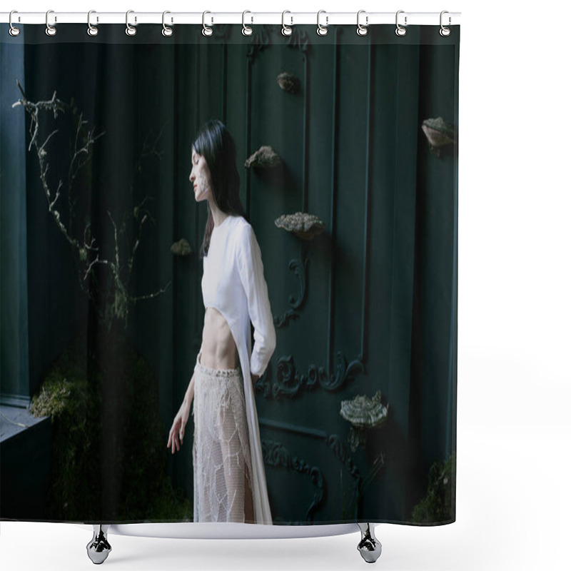 Personality  A Woman In A White Dress Poses In Front Of A Dark Green Background With Decorative Elements. Shower Curtains