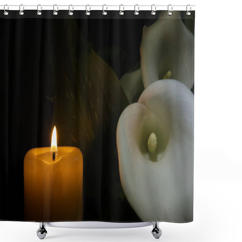 Personality  White Calla Lily Flower Next To Glowing Candle Flame Casts A Warm Light In A Dark Environment And Creates A Soothing Ambiance, Radiating A Sense Of Peaceful Solitude Shower Curtains