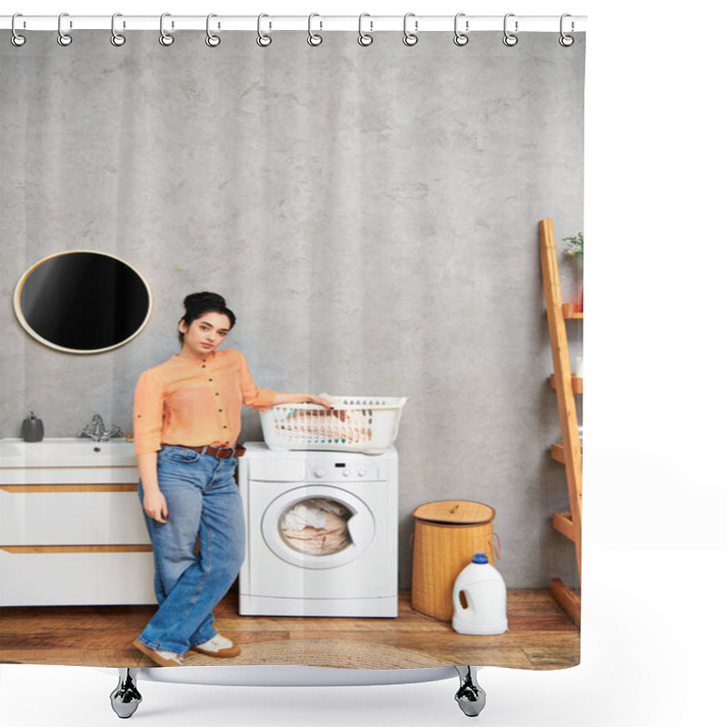 Personality  A Casually Dressed Woman Standing Next To A Washing Machine, Taking Care Of Her Household Chores. Shower Curtains