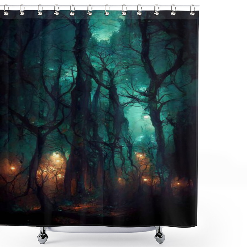 Personality  Realistic Haunted Forest Creepy Landscape At Night. Fantasy Halloween Forest Background. Surreal Mysterious Atmospheric Woods Design Backdrop. Digital Art. Shower Curtains