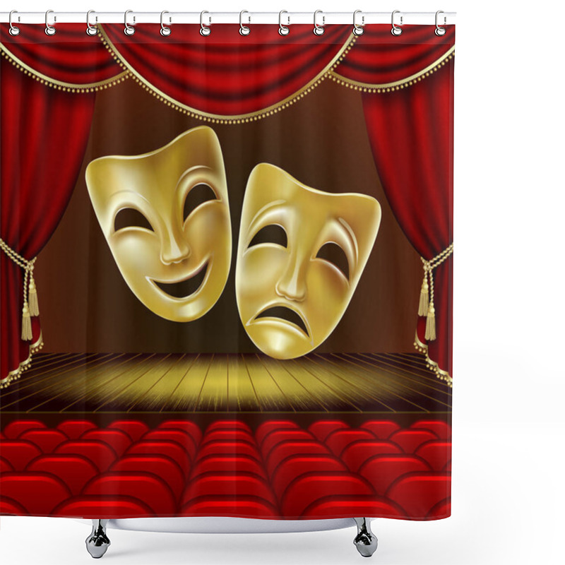 Personality  Theater Masks On A Red Background. Golden Masks. Theater Scene. Mesh. Clipping Mask Shower Curtains