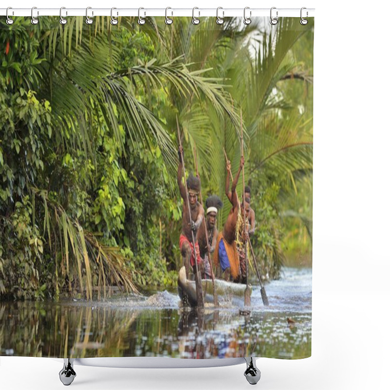 Personality  INDONESIA, IRIAN JAYA, ASMAT PROVINCE, JOW VILLAGE - MAY 23: Canoe War Ceremony Of Asmat People. Headhunters Of A Tribe Of Asmat . New Guinea Island, Indonesia. May 23, 2016 Shower Curtains