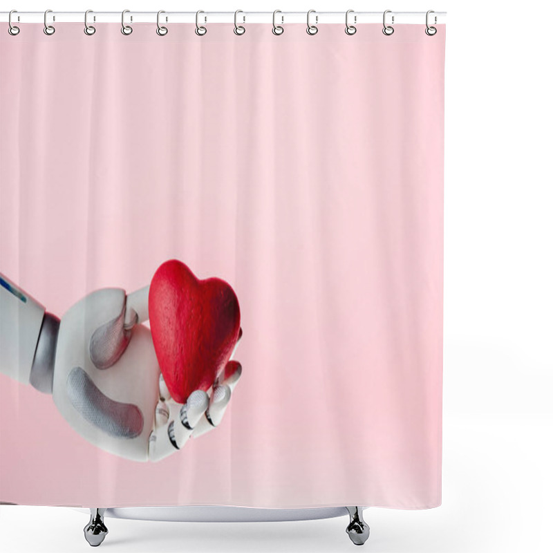 Personality  Robot Hand Holding Red Heart Isolated On Pink Shower Curtains