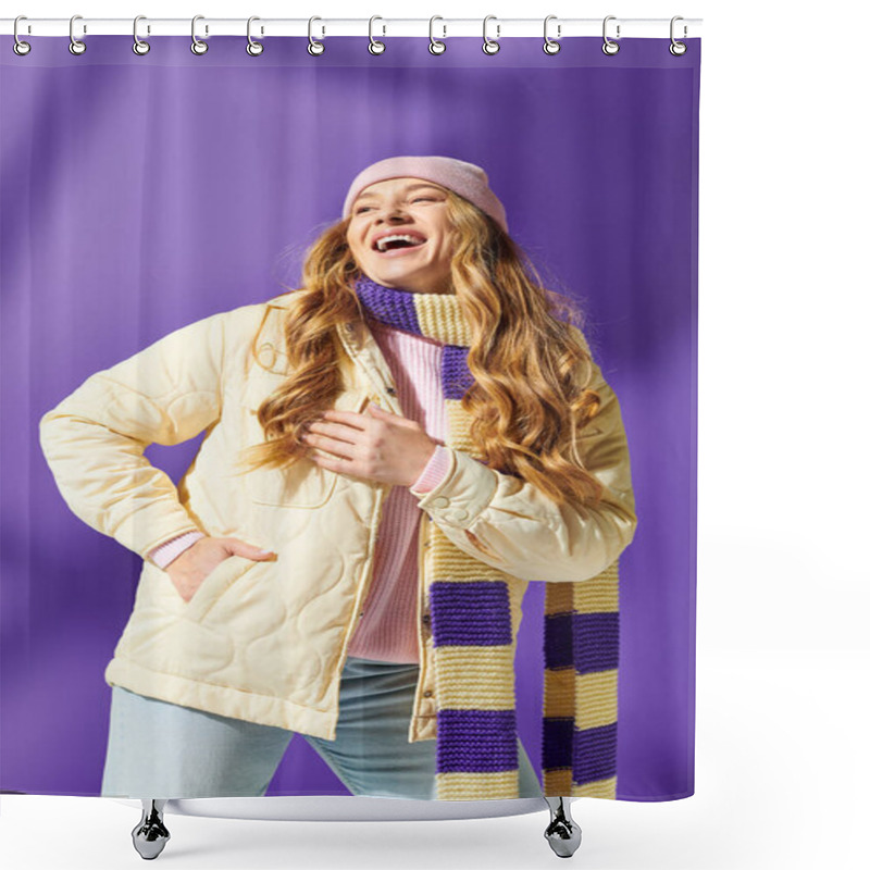 Personality  A Young Beautiful Plus Size Woman Laughs Joyfully While Showcasing Her Fashionable Winter Attire. Shower Curtains